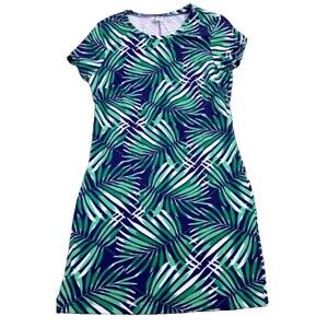 Old Navy Fit & Flare Dress Green Blue Palm Leaf Design Women's M Career Classic